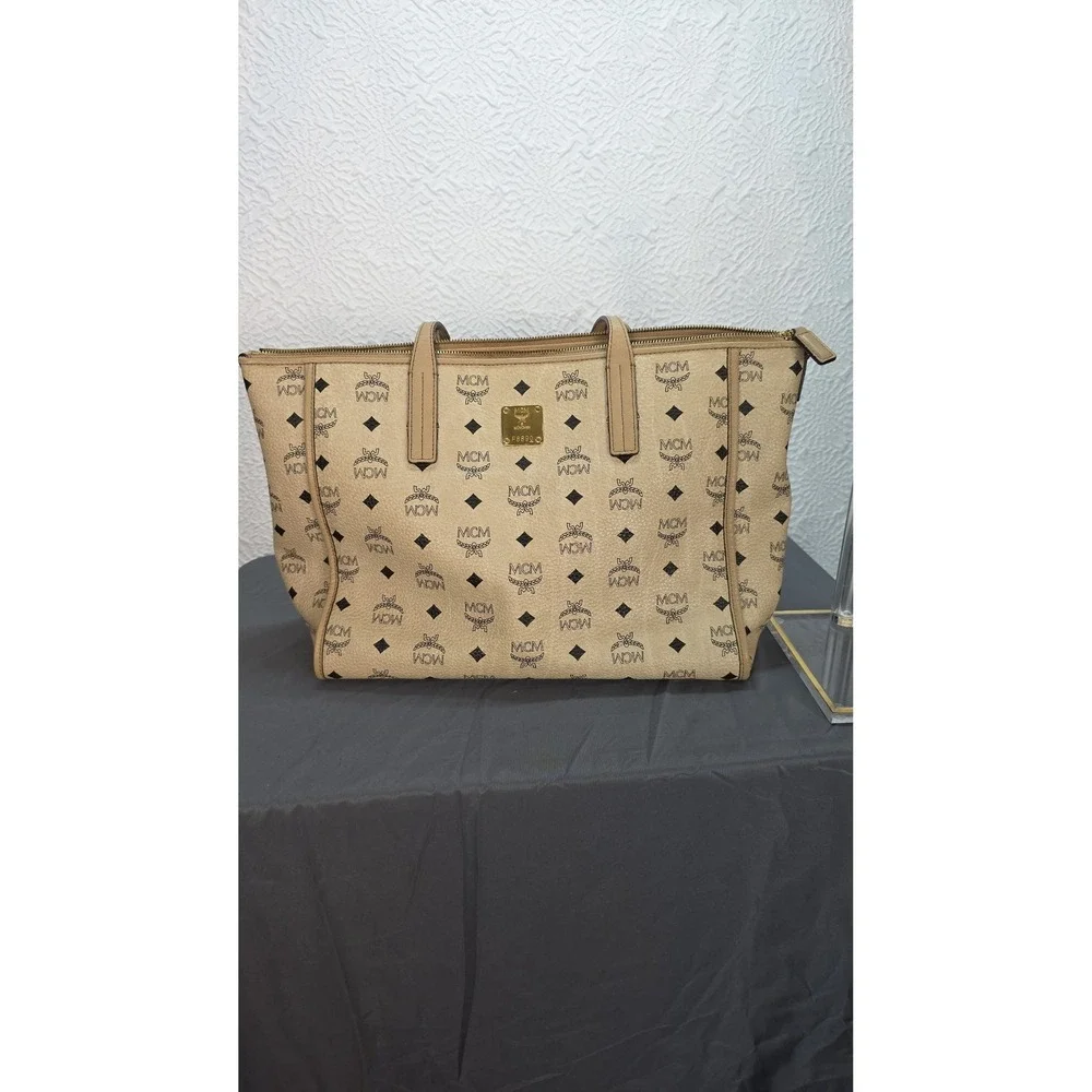 MCM Anya Top Zip Medium Shopper Women Medium Beige Good COA‎ Visetos Tote Bag